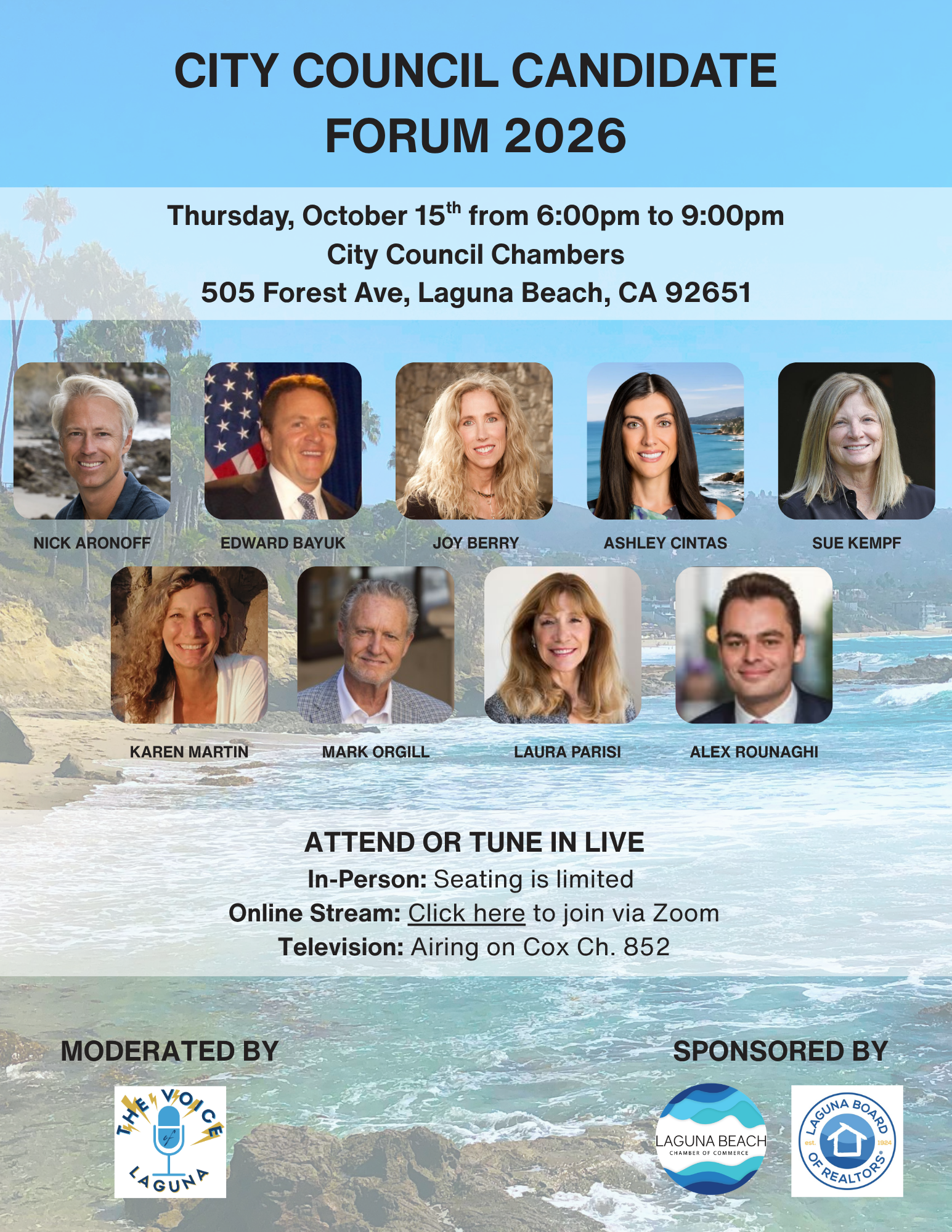 Laguna Beach Chamber of Commerce official candidate forum flyer · October 15, 2026