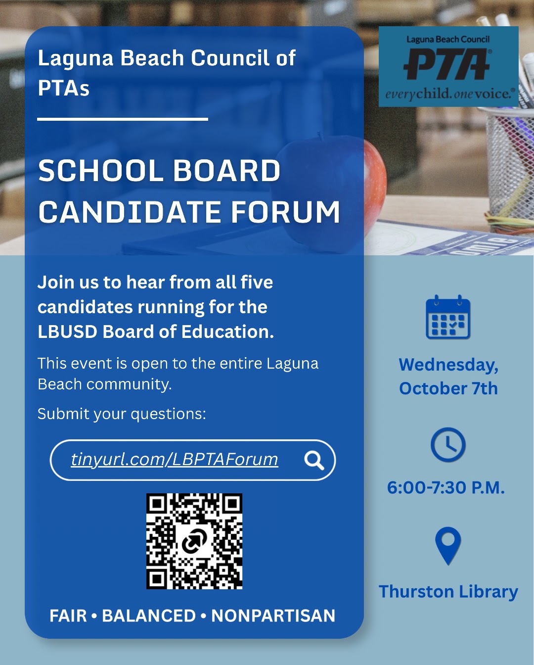 Laguna Beach Unified Council of PTAs official candidate forum flyer · October 7, 2026