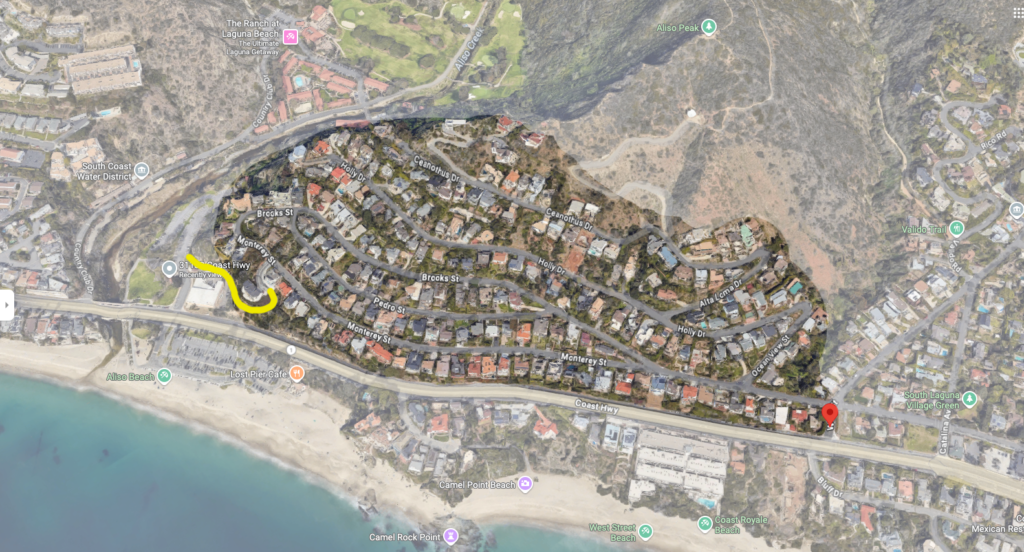 Emergency evacuation map of South Laguna Zone 7 showing multiple blocks of homes with zero vehicle exit except for West Street, and highlighting the critical alternate pedestrian escape trail to Aliso Beach.