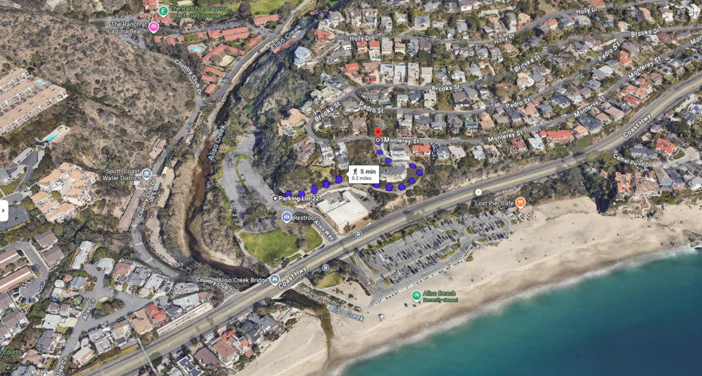 Current condition of the Aliso Road Trail at Monterey Street, showing the altered terrain of the designated emergency evacuation route in South Laguna.