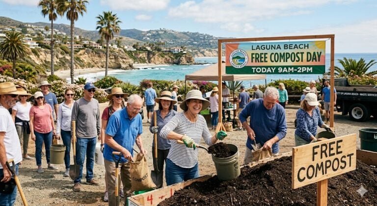 Local residents gathering soil at the Laguna Beach free compost day event overlooking the coast.