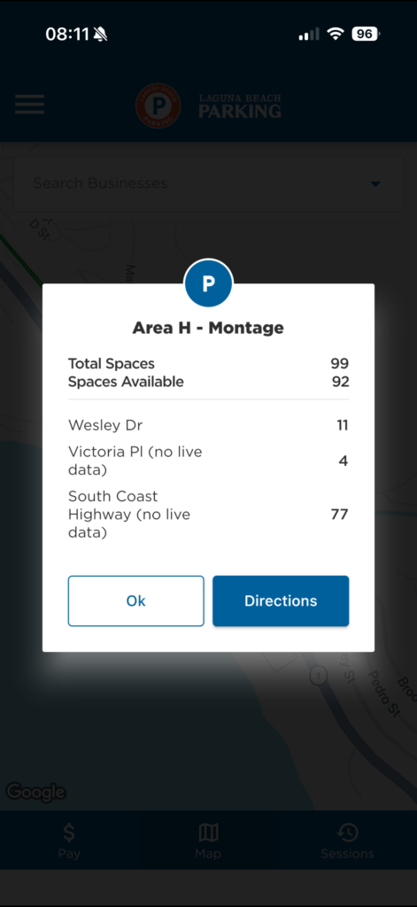 A screenshot of the official Laguna Beach parking app showing real-time metered parking availability on a map.