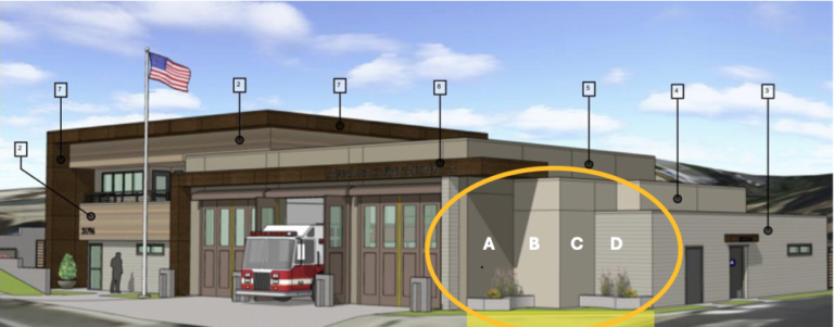 Architectural rendering of the new Laguna Beach Fire Station 4 site with a placeholder for public art installation.