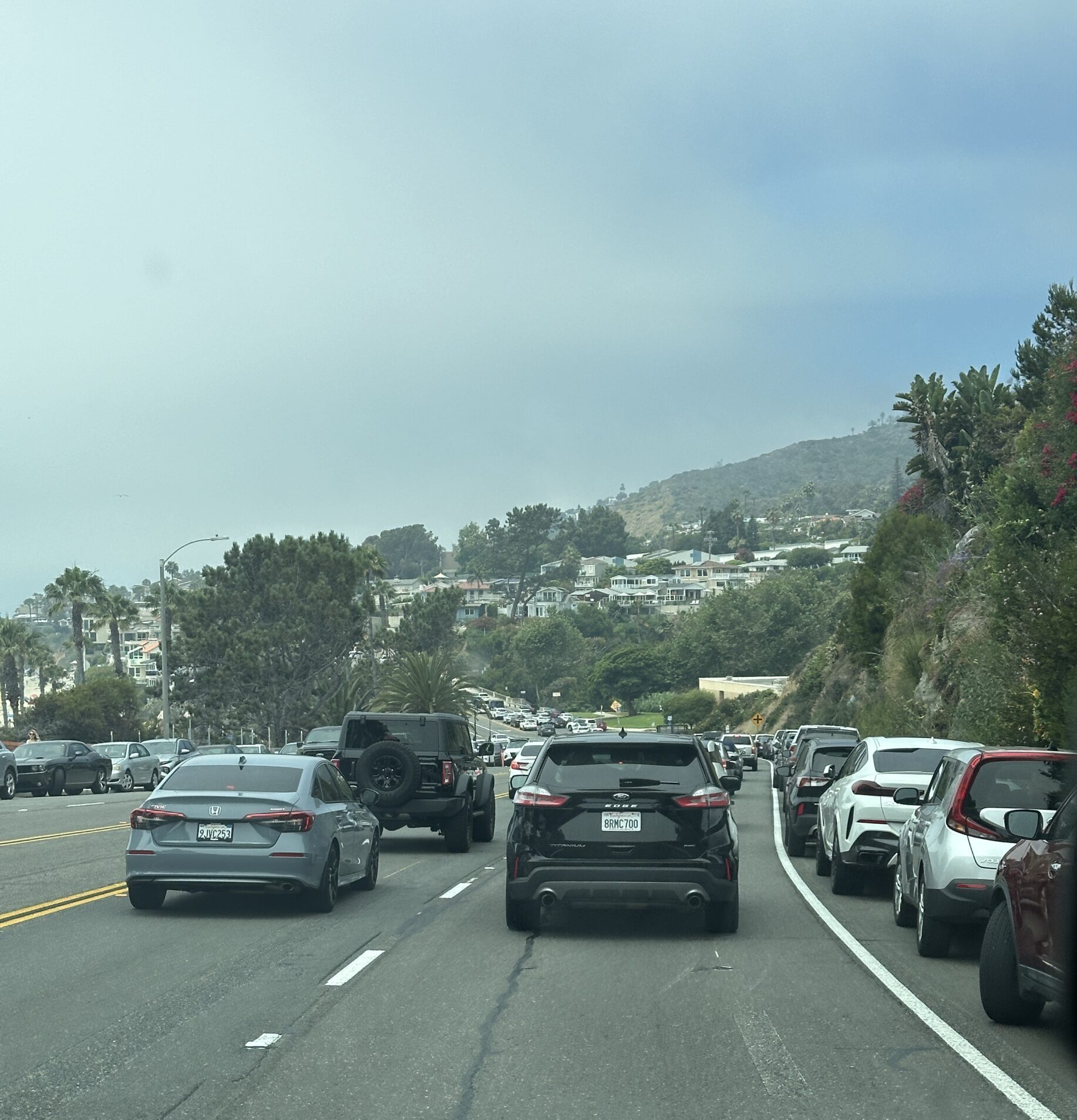Heavy northbound traffic on Pacific Coast Highway in South Laguna – Documenting the need for strategic traffic management and pedestrian safety oversight.