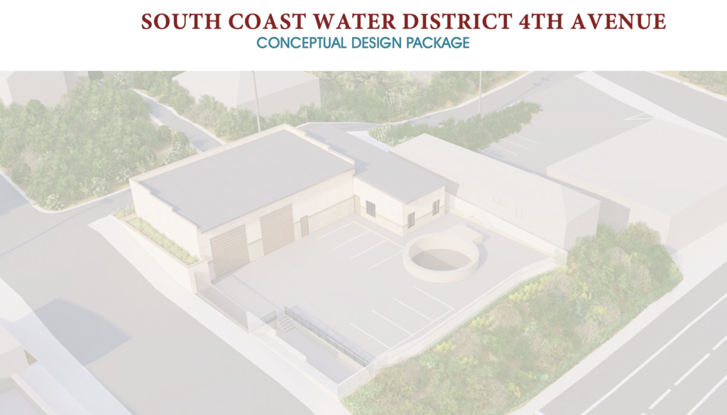3D conceptual aerial rendering showing the proposed SCWD warehouse, paved parking lot, and housing structure covering the 4th Avenue site.