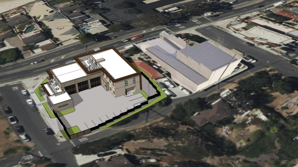 3D aerial rendering showing the newly approved Laguna Beach Fire Station 4 on the left, sitting directly adjacent to the massive proposed SCWD duty housing building on the right.