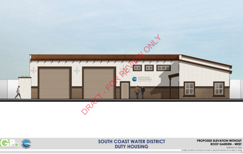 Architectural elevation drawing of the proposed SCWD duty housing and industrial facility at the 4th Avenue site in South Laguna.