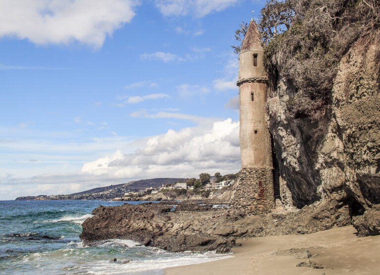 The historic 60-foot stone Pirate Tower (La Tour) at Victoria Beach in South Laguna, California.