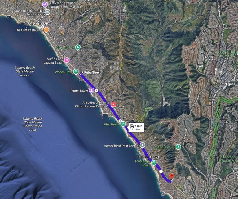 A satellite map of South Laguna Beach showing the Coast Highway (PCH) parking pilot area from Ruby Street to Vista Del Sol, with highlighted inland zones.