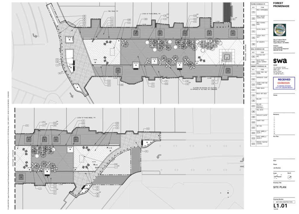 The engineering-grade site plan (L1.01) utilized for the current construction phase, showing the exact footprint of the permanent plaza.