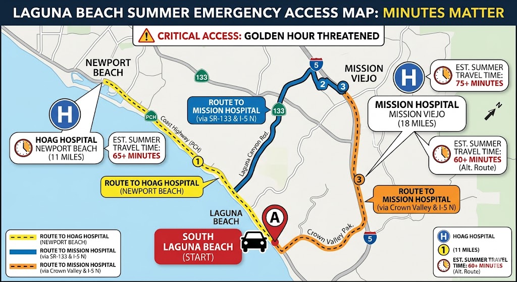 Map showing the life-threatening traffic impact of the Laguna Beach hospital closing, with 60-75 minute wait times to reach Newport or Mission Viejo.