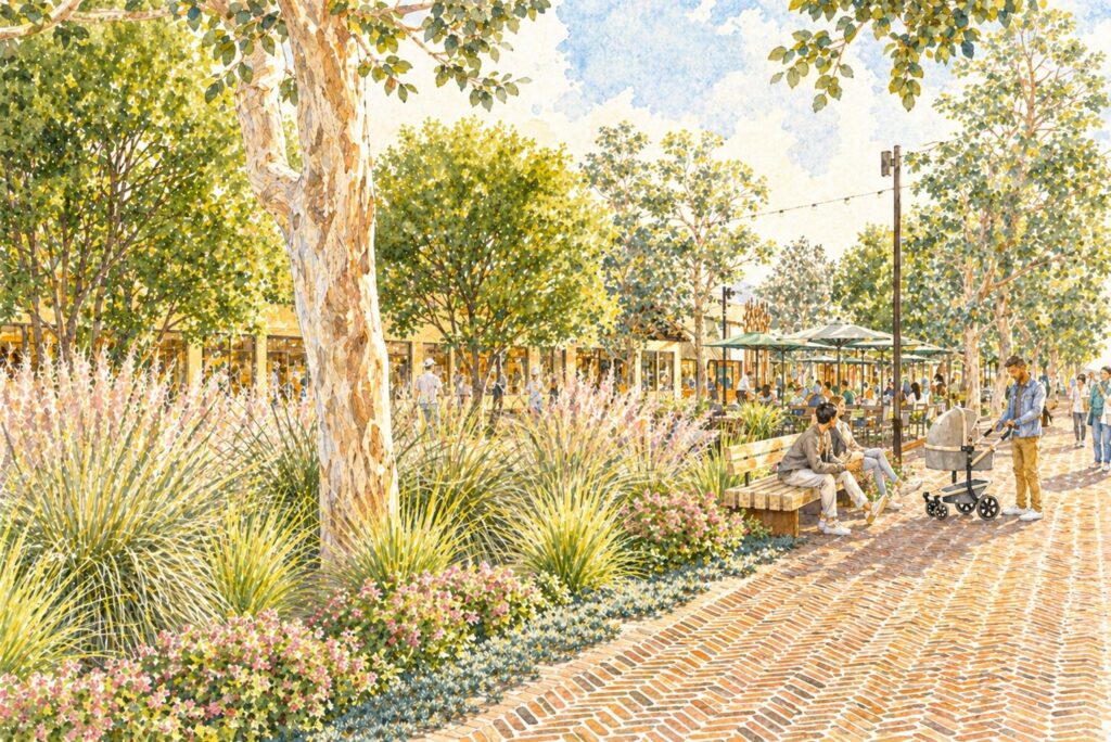 Pedestrians sitting on wooden benches surrounded by tall grasses and light-barked trees on a brick plaza.
