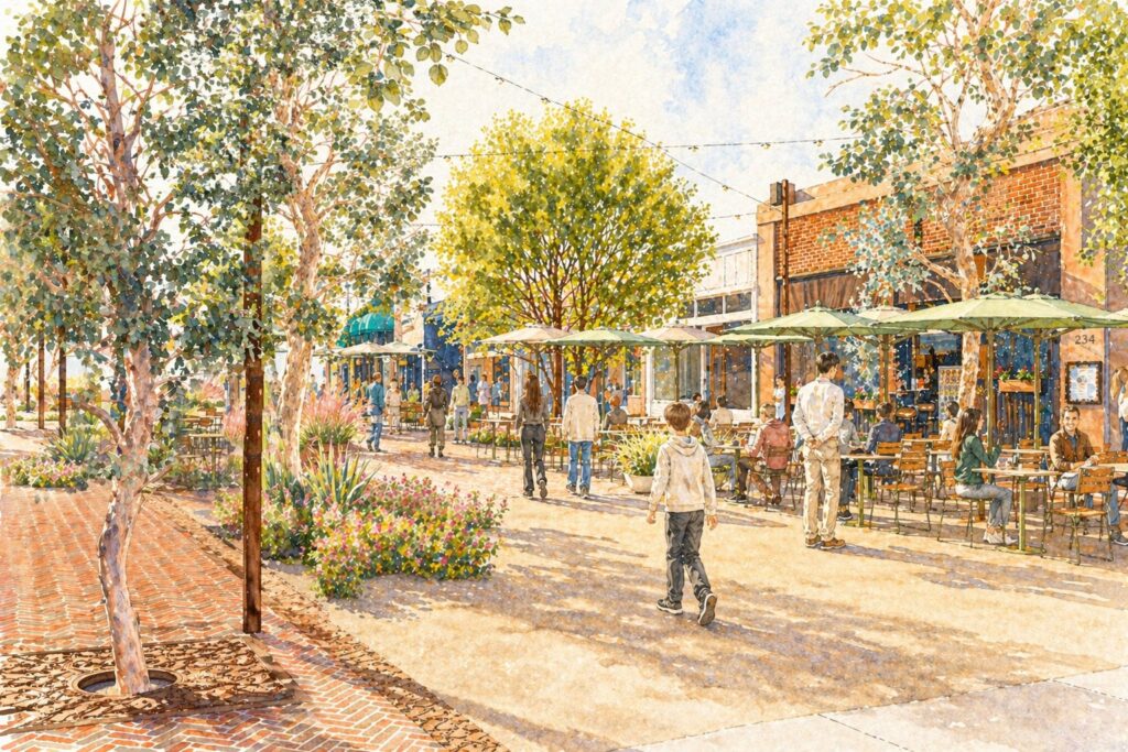 Watercolor of an outdoor dining area on Forest Avenue with green umbrellas, overhead string lights, and brick architecture.
