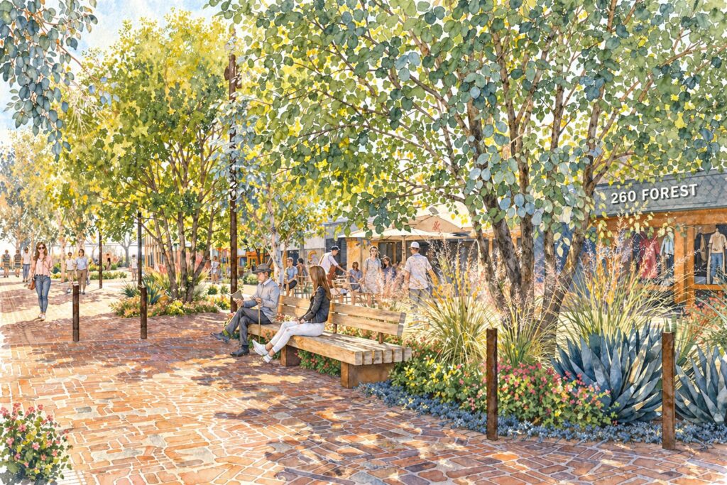 Architectural watercolor showing pedestrians walking past "260 Forest" shops under a dense canopy of deciduous trees.
