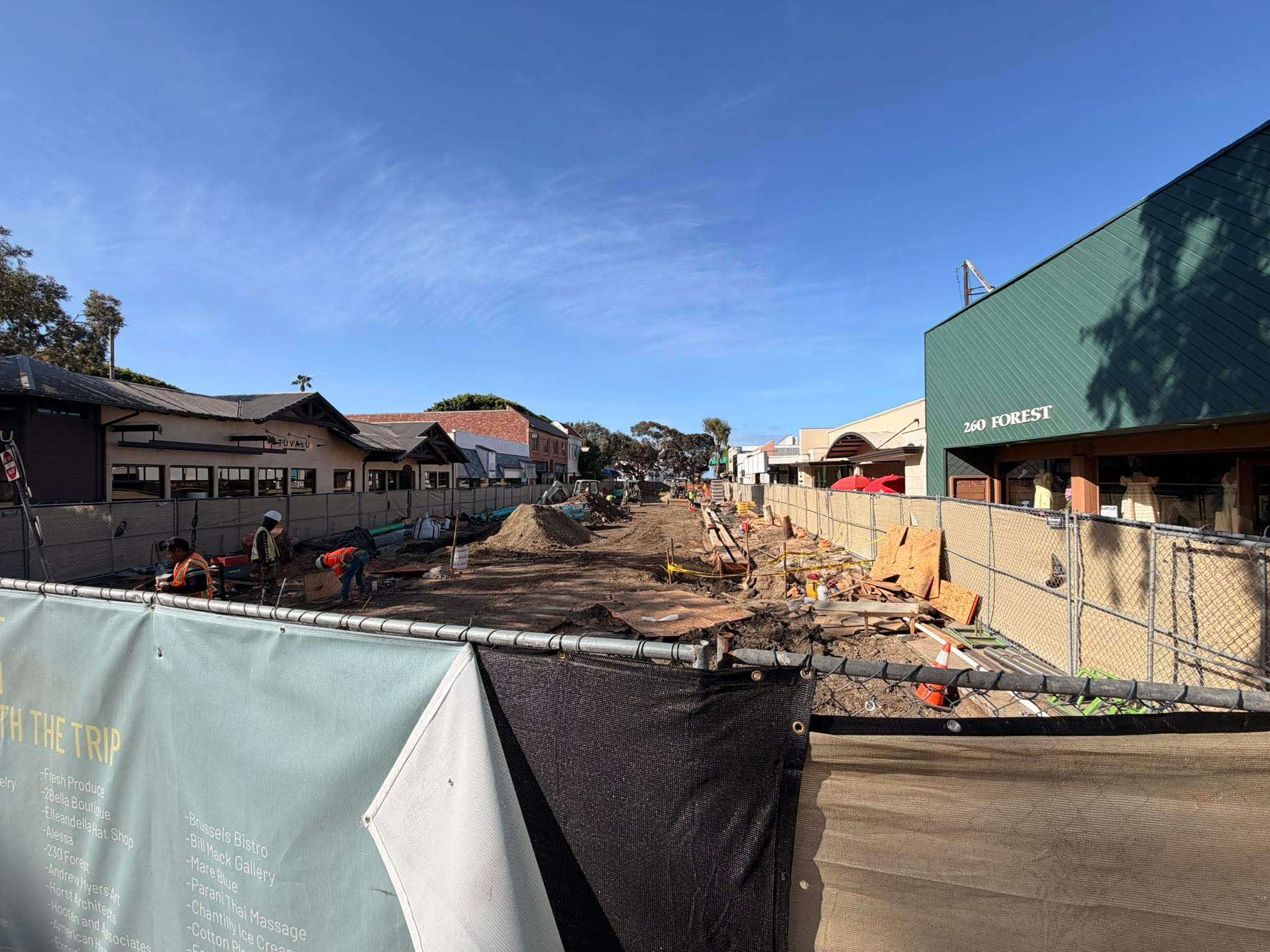 Street view in downtown Laguna Beach showing Forest Avenue after the removal of 16 mature trees, with only a few remaining canopy specimens along the construction fence.