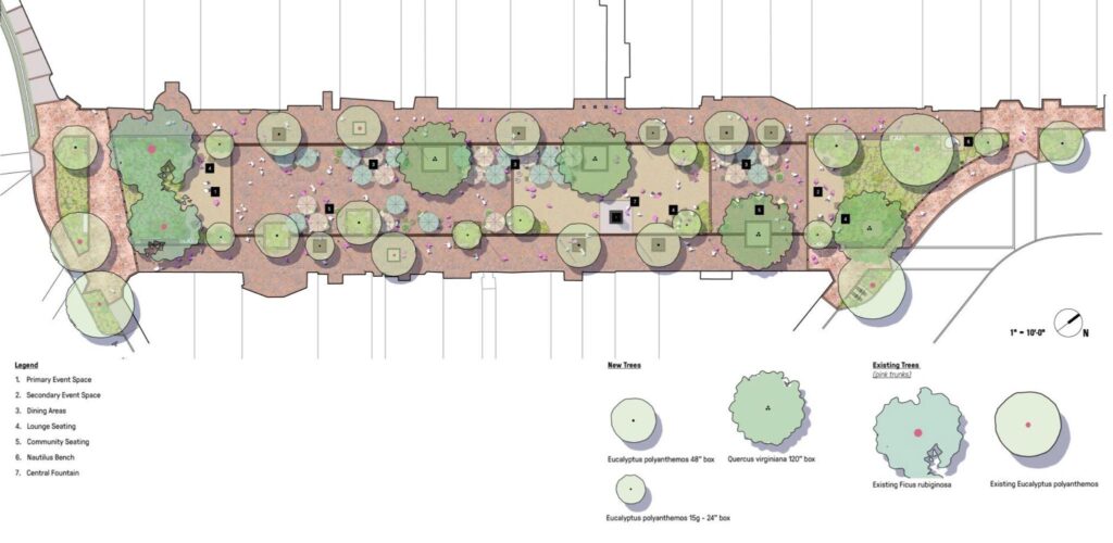Detailed landscape planting plan for the Promenade on Forest in Laguna Beach, showing locations for new Southern Live Oaks and Silver Dollar Gums alongside retained existing trees.