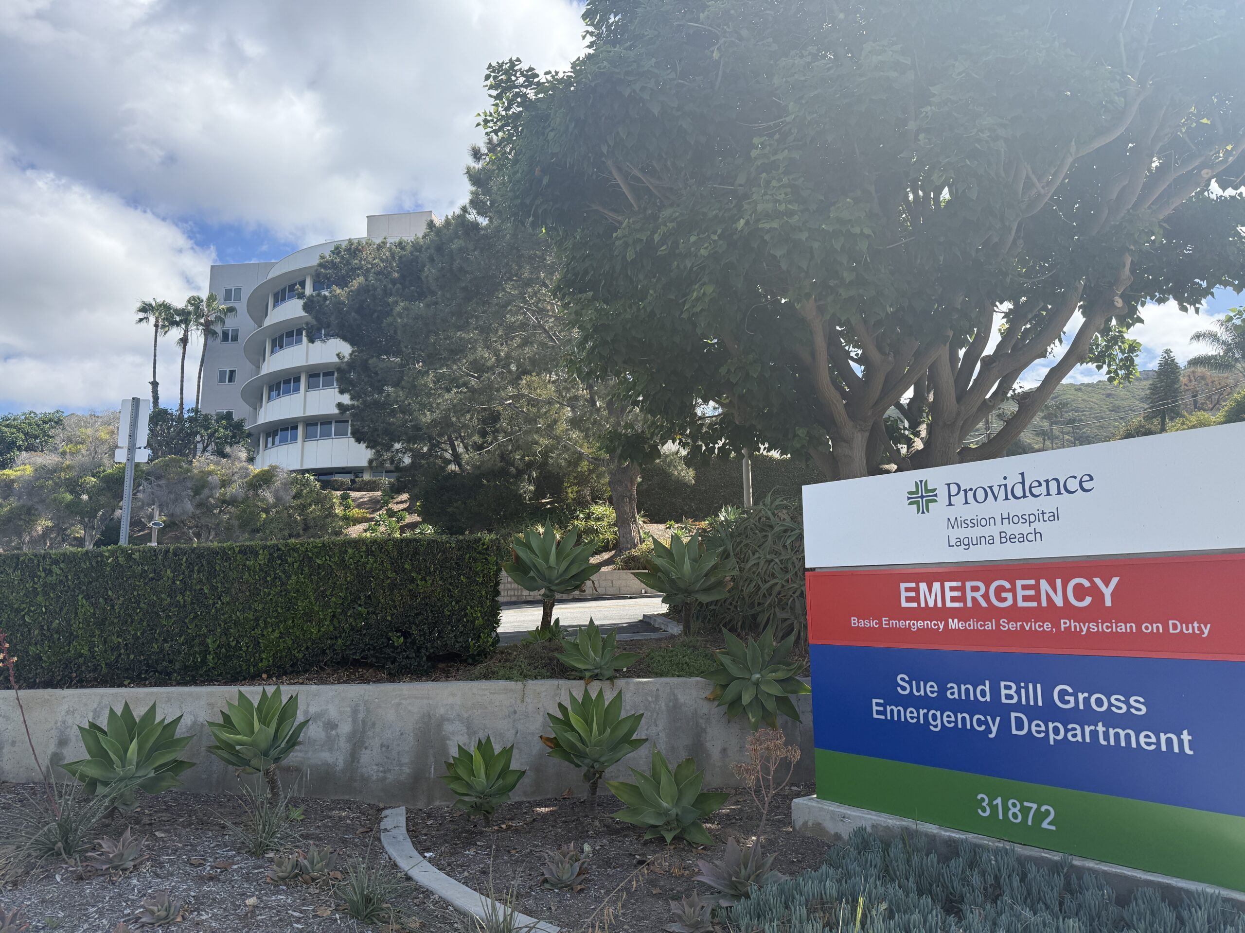 Exterior sign for the Providence Mission Hospital Laguna Beach Sue and Bill Gross Emergency Department in South Laguna.