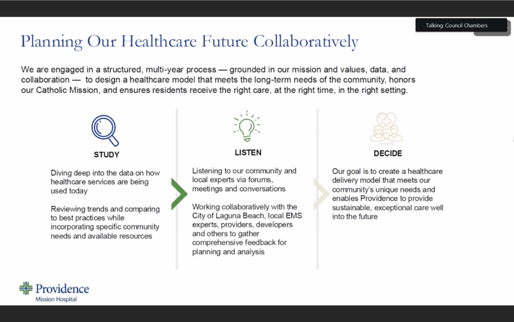 Providence Mission Hospital presentation slide outlining the study listen and decide phases for healthcare planning
