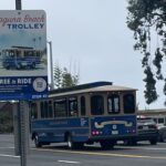 A blue and tan Laguna Beach Transit trolley driving past a street sign that reads Free to Ride Laguna Beach Trolley Stop 41.