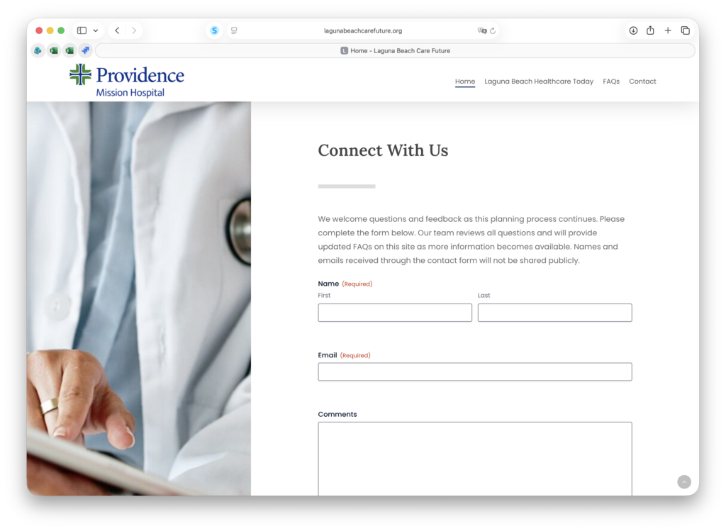 Screenshot of the Providence Mission Hospital Connect With Us contact form on the lagunabeachcarefuture.org portal