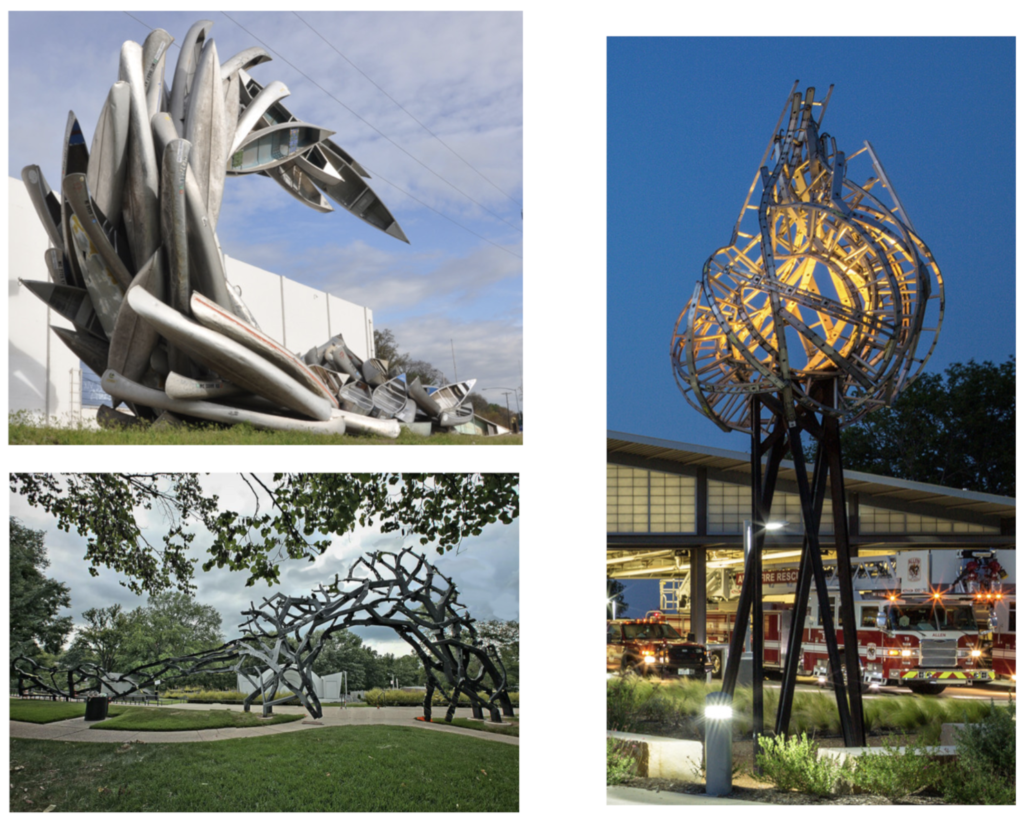 Sculptures made from recycled materials including canoes and fire ladders by Christopher Fennell.