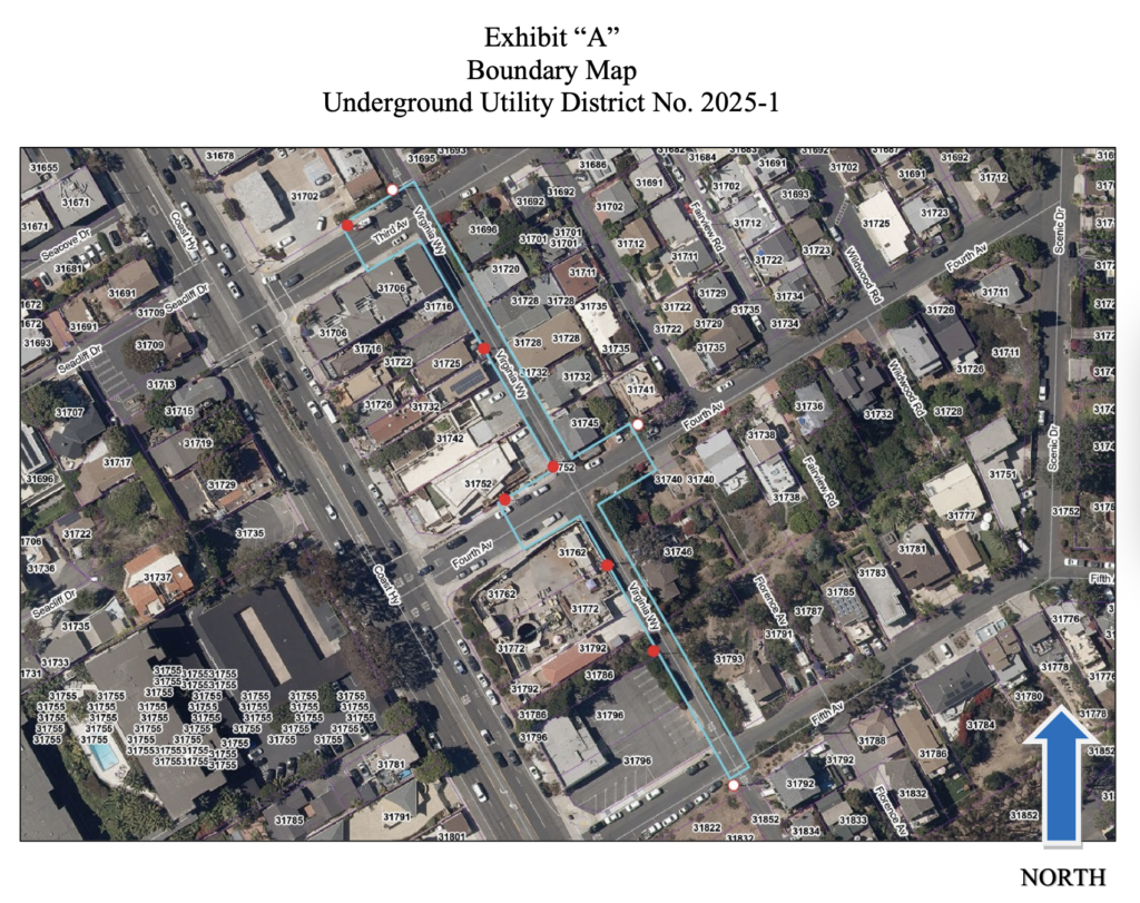 Exhibit A boundary map of Virginia Way Underground Utility District No. 2025-1 in Laguna Beach.