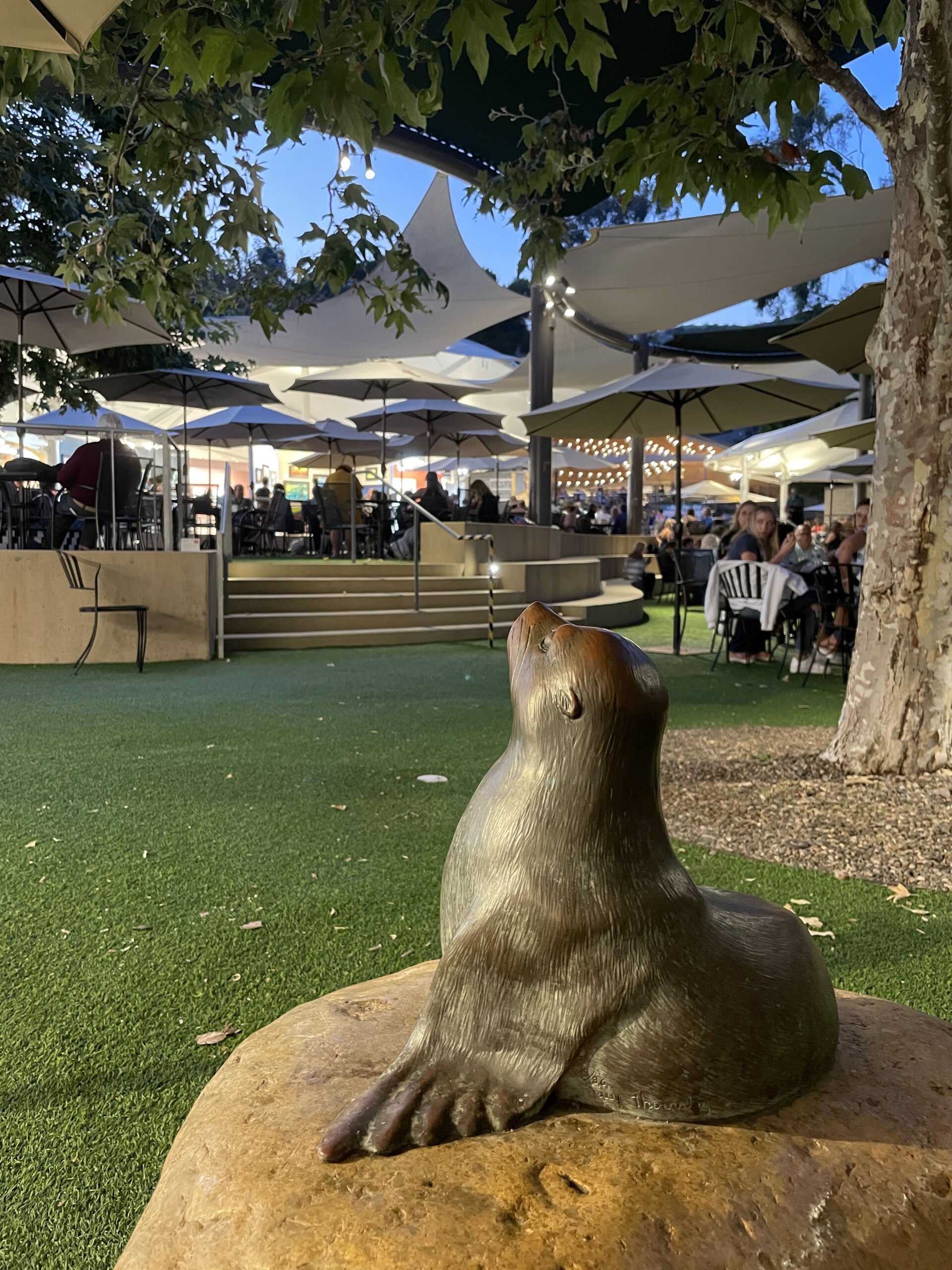 Permanent sea lion sculpture overlooking the Festival of Arts grounds in Laguna Beach