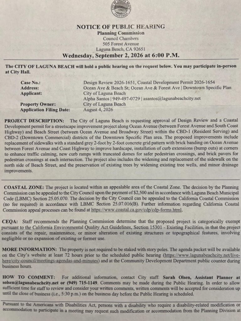 Laguna Beach Planning Commission public hearing notice for the Ocean Avenue and Beach Street streetscape project on September 2, 2026