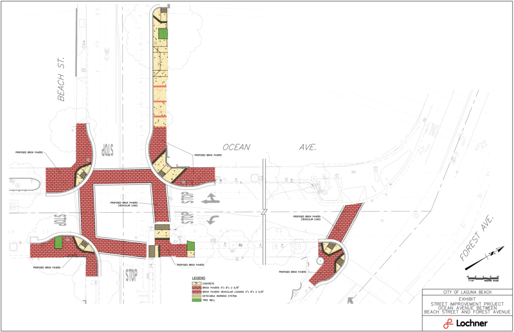 Engineering plan showing proposed curb extensions, brick pavers, sidewalks and tree wells at Ocean Avenue, Beach Street and Forest Avenue in Laguna Beach