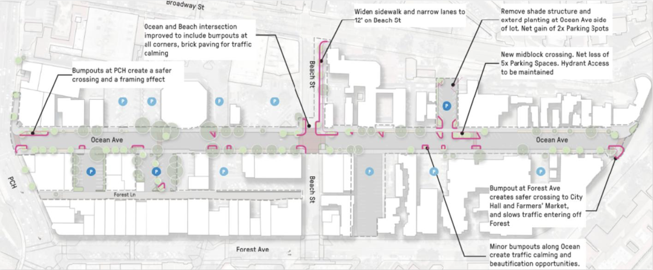 Concept map of proposed sidewalk, crosswalk and curb-extension improvements along Ocean Avenue and Beach Street in downtown Laguna Beach